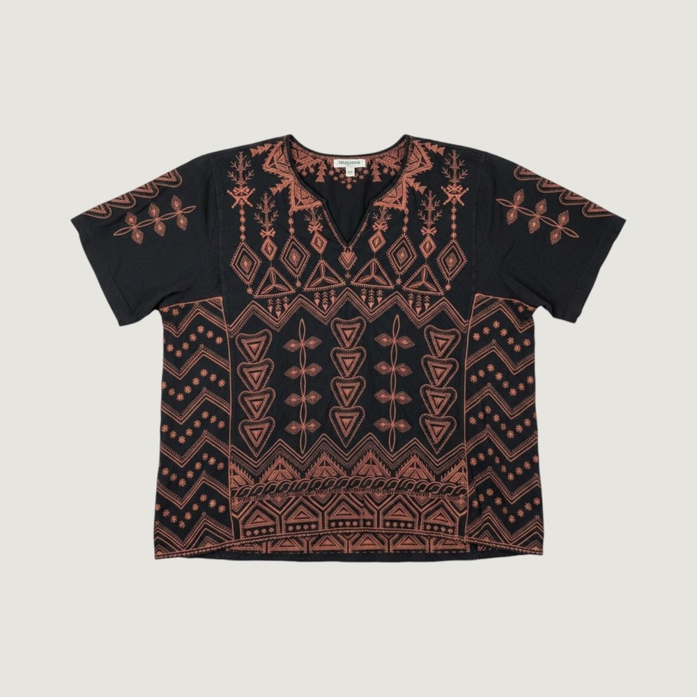 Johnny Was Embroidered Top Womens M Black Rust Boho Whimsy Goth Quiet Luxury